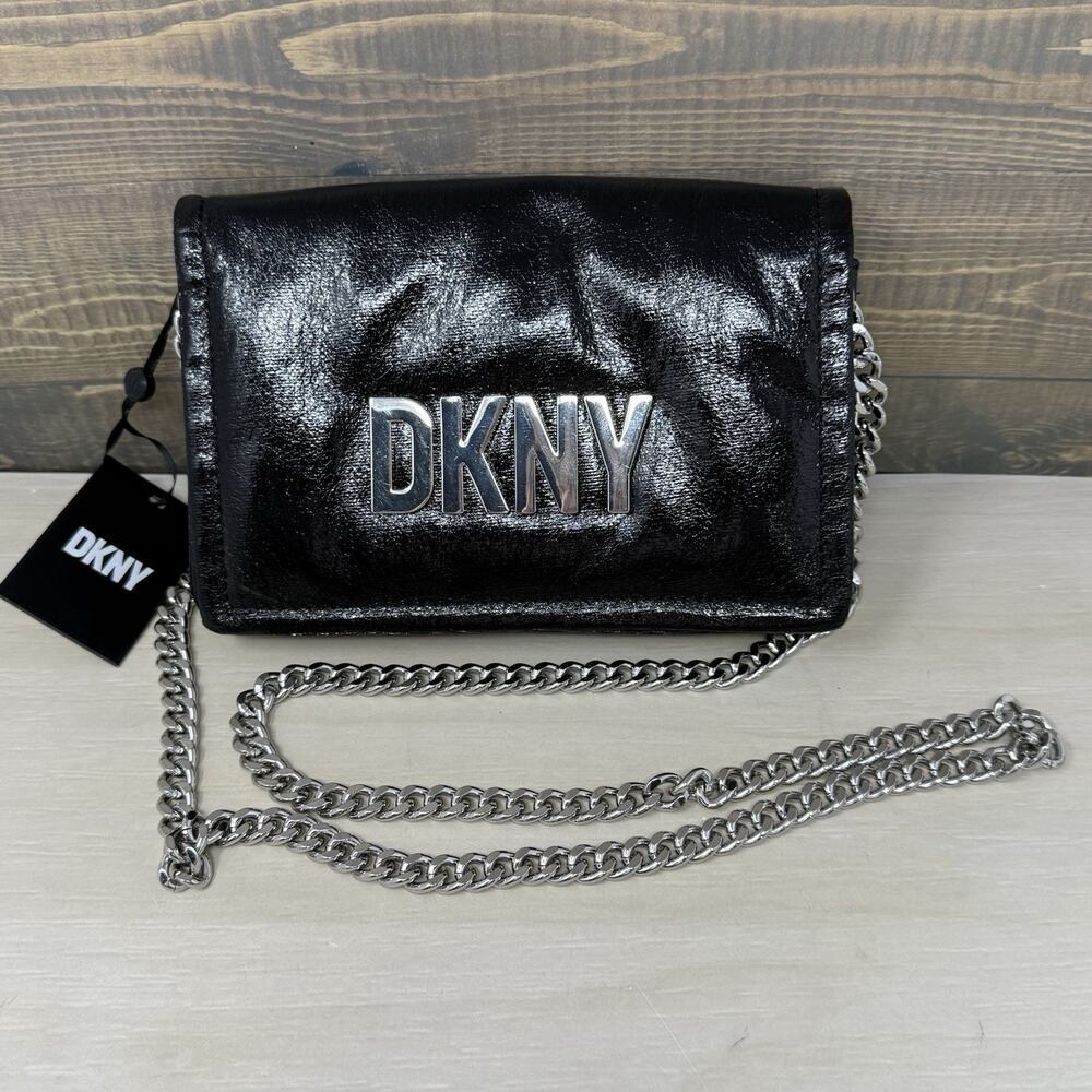 DKNY Maggie Black Faux Patent Leather Chain Clutch Purse Shoulder Bag NWT